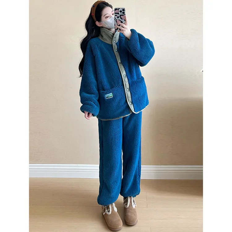 韩系气质休闲宽松珊瑚绒睡衣女秋冬长袖长裤保暖家居服套装外穿