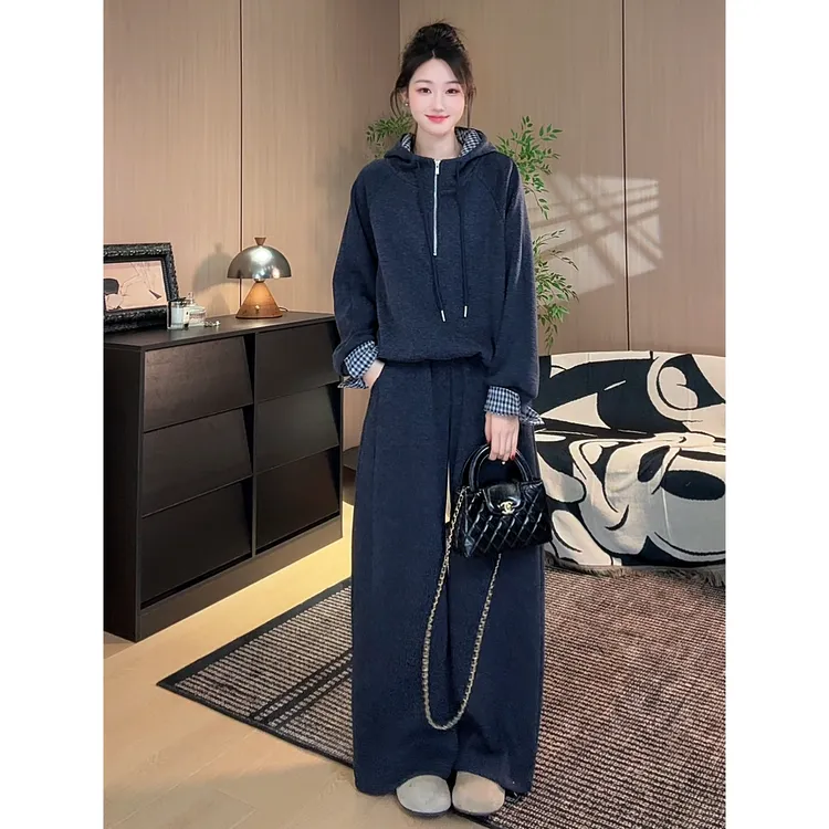 雅鹿2025秋冬新款潮流加绒加厚连帽卫衣套装显瘦运动外套两件套潮