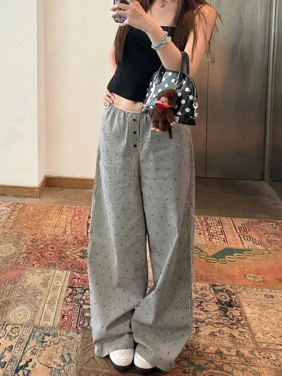 韩系松弛慵懒也可时髦腔调的山茶花条纹裤2025年夏季新款休闲轻薄