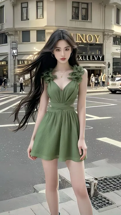 2025夏季新款别致设计感绿色V领镂空收腰连衣裙女小众高级氛围感