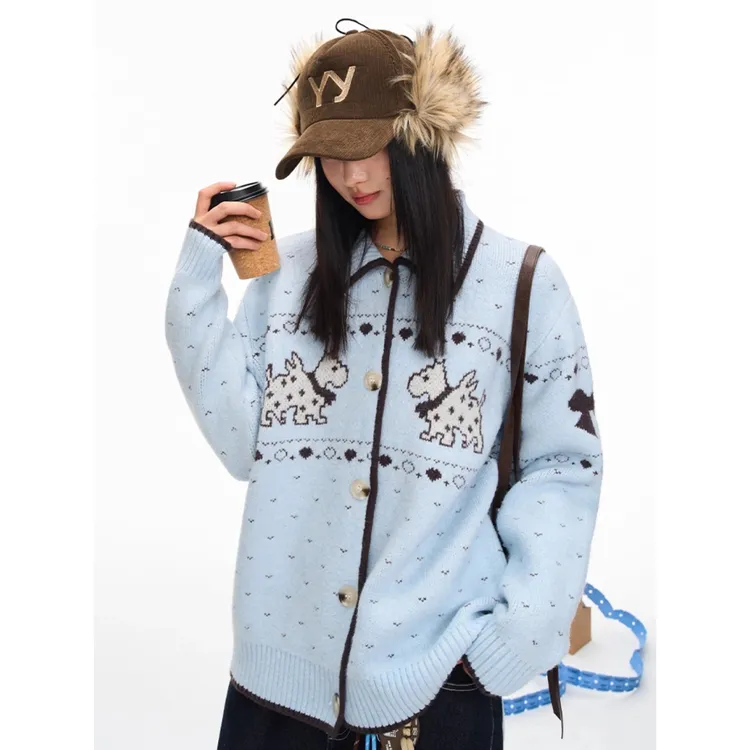 2025韩系复古秋季新款休闲百搭费尔岛花纱小狗提花毛衣