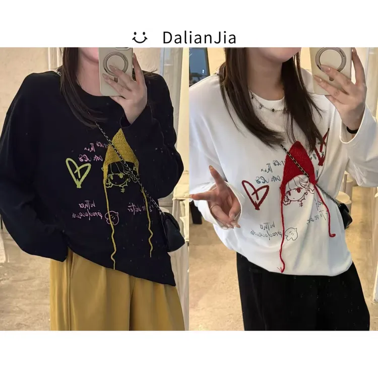 晶咕佳佳【小红帽】立体钩织小女孩图案长袖T恤时尚休闲宽松