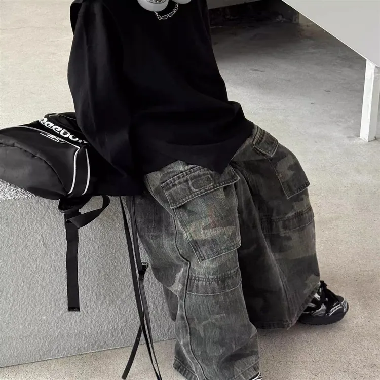男童春秋款牛仔裤子秋季新款儿童中大通嘻哈复古美式迷彩阔腿长裤