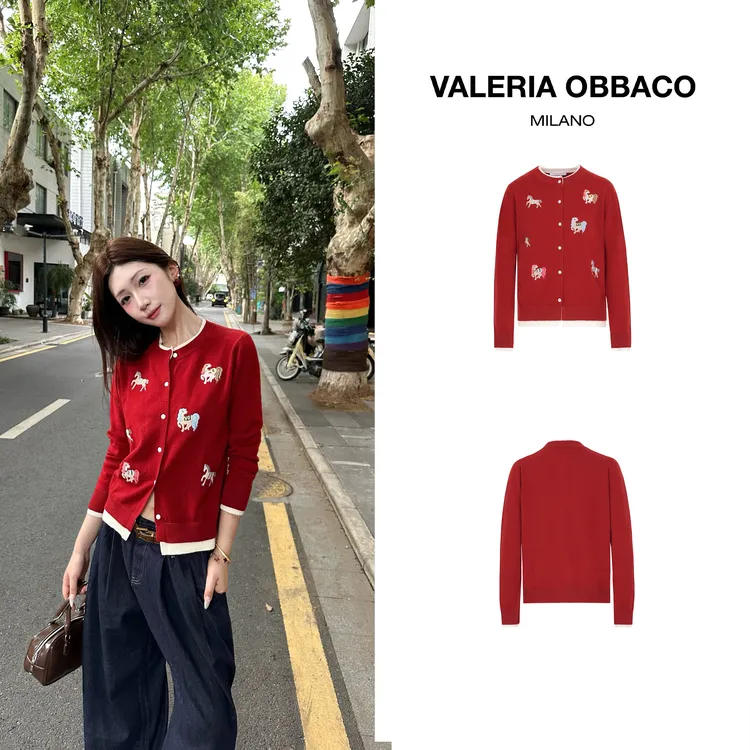 VALERIAOBBACO/瓦莱丽娅 奥贝科刺绣慵懒风针织开衫羊毛秋冬外套