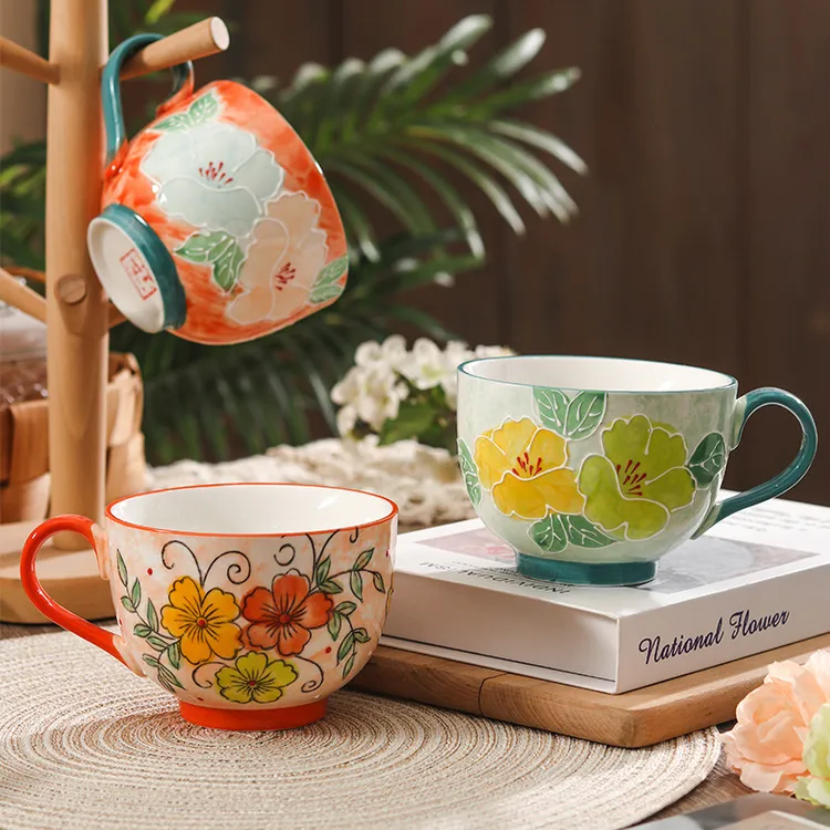 MiKu美居 陶瓷手绘浮雕早餐杯牛奶杯燕麦杯田园复古马克杯