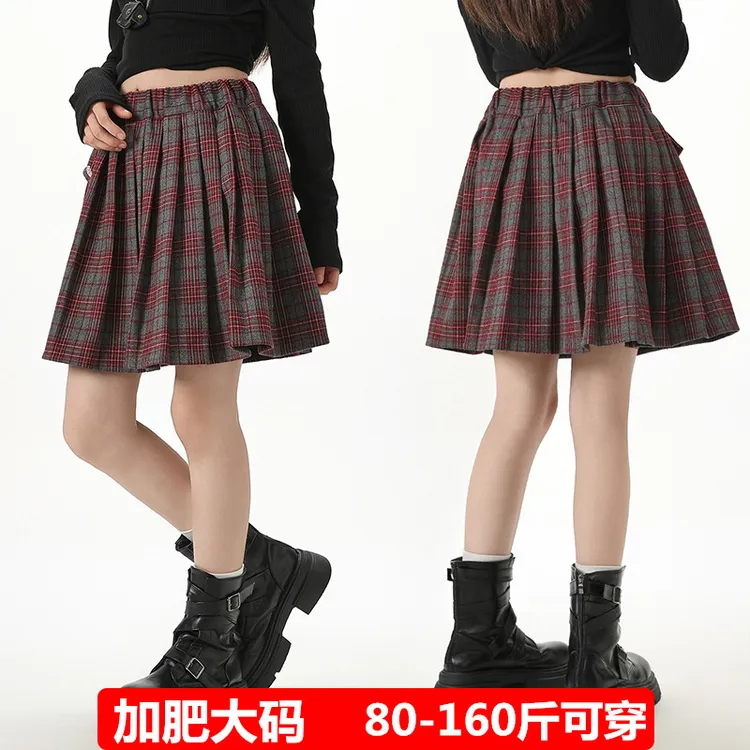 偏胖女童半身裙中大童加肥大码百褶裙春秋童装女孩宽松格子裙洋气
