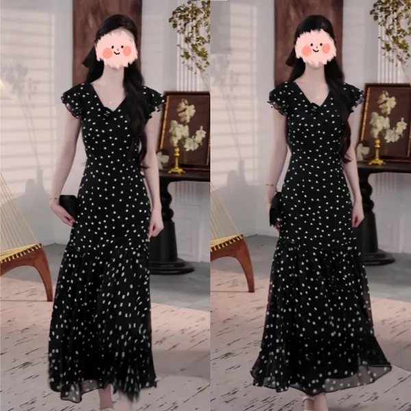 2025夏季新款法式V领仙女风修身显瘦洋气女装时尚长款连衣裙