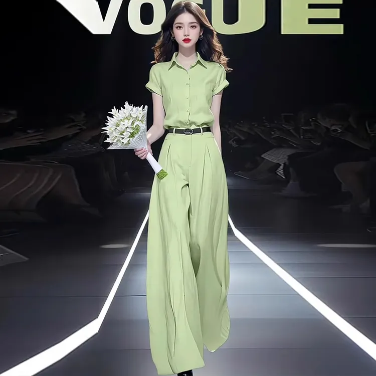 拉夏贝尔时尚套装女夏季新款2025一整套洋气减龄衬衫阔腿裤两件套