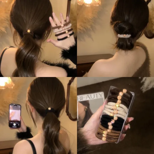 高级感水钻毛线发圈秋冬气质加粗高弹力头绳丸子头马尾发绳发饰