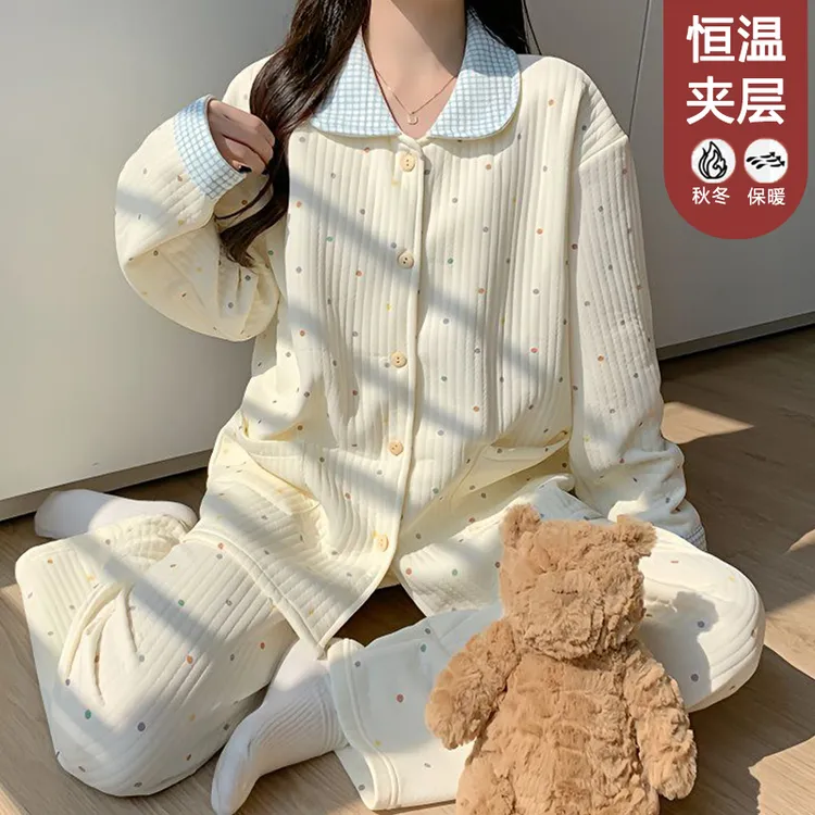 甜美彩色波点睡衣女秋冬季新款夹层加厚长袖可爱家居服套装145