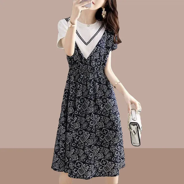 2025夏装新款女士连衣裙假两件吊带裙子碎花设计感小众大码遮肚子