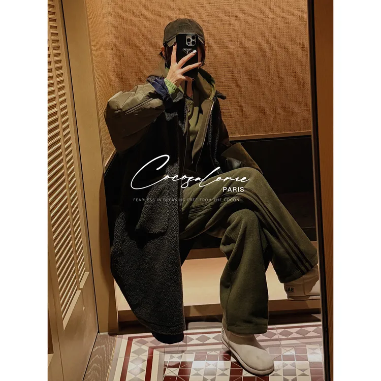 韩彬彬"45R苹果领"杜邦棉绵羊毛双面穿设计感拼接长款棉服3365-8