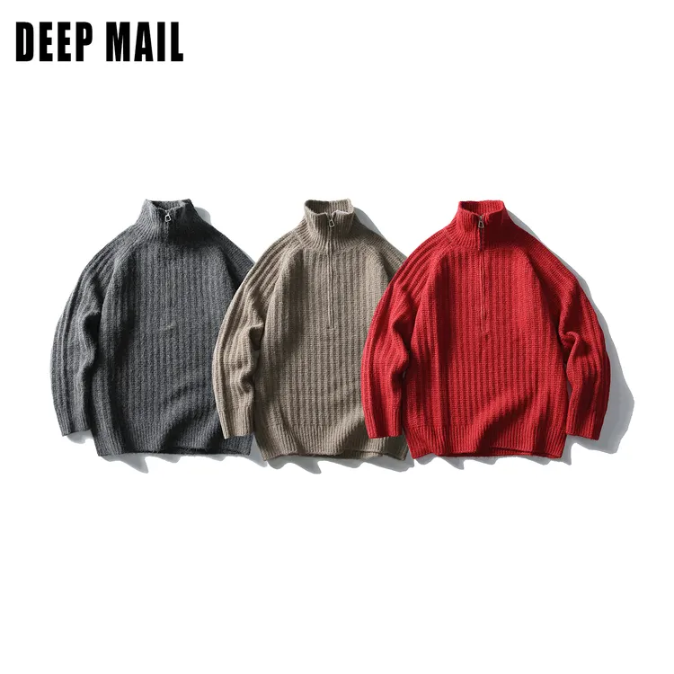 DEEPMAIL 针织秋冬高领拉链打底毛衣男秋冬季坑条针织衫