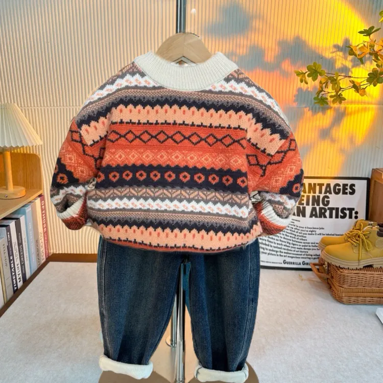 秋冬新款儿童复古加厚洋气套头男童3岁-12岁圆领潮款女童6岁225