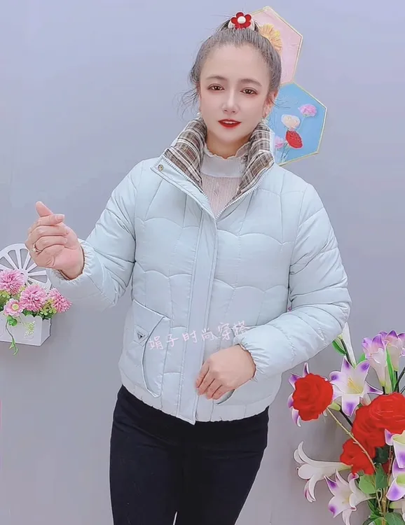 小个子修身款棉衣棉服格子领拼接沙漏型口袋装饰棉服立领百搭冬季