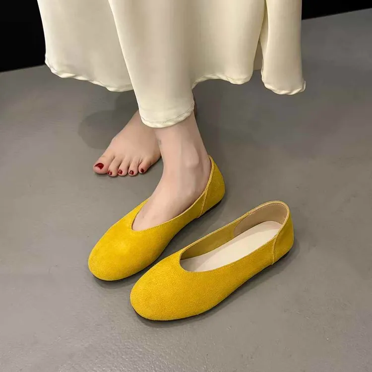 真皮黄色玛丽珍单鞋女浅口2025秋季新爆款平底一脚蹬芭蕾舞豆豆鞋