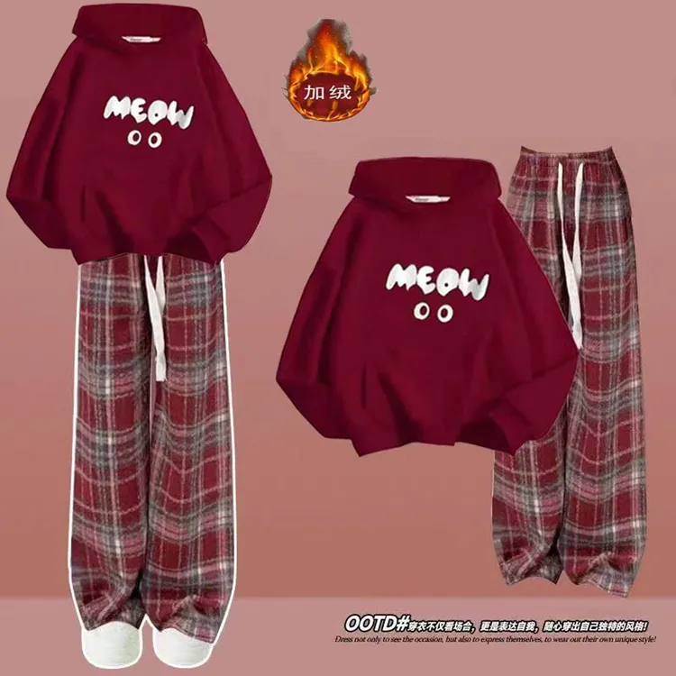 女大童红色卫衣女连帽冬加绒加厚新款马年本命年衣服过年上衣长裤