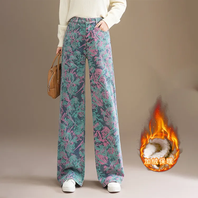 时尚印花阔腿牛仔裤女2025秋季复古高腰牛仔裤女新款窄版直筒长裤