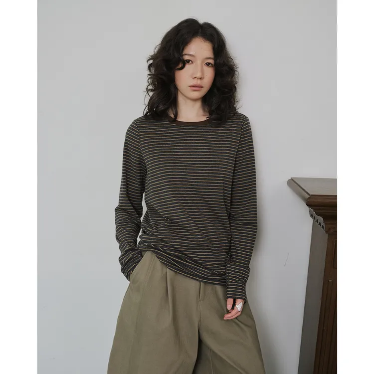 宽泛细条纹撞色圆领长袖针织T恤叠穿简约慵懒复古百搭打底针织衫