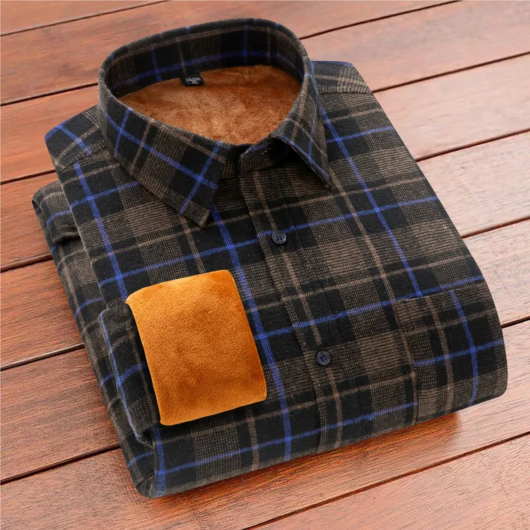 雷丹奴冬季保暖格子衬衫男士加绒加厚衬衣休闲宽松中青年长袖外套