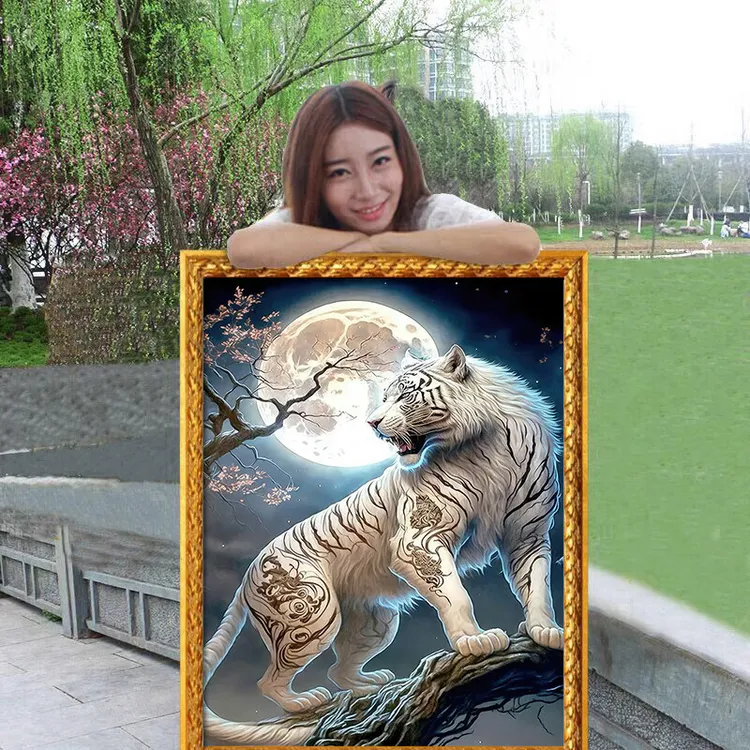 老虎2025年新款自己手工刺绣十字绣线绣满绣高端大气客厅玄关竖版