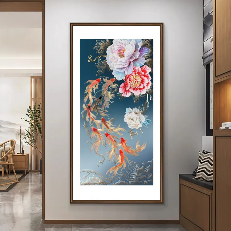金箔手工立体描金牡丹九鱼图入户玄关装饰画客厅走廊过道成品挂画
