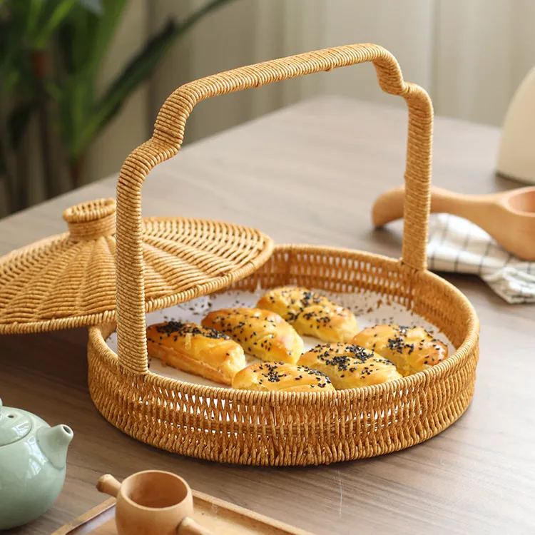 家好点面包篮仿藤手提篮摆放零食点心篮有盖餐厅糕点提篮甜点托盘