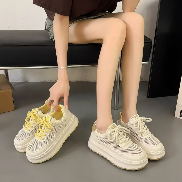 真皮厚底透网小白板鞋女春夏季时尚增高休闲四季款板鞋68002