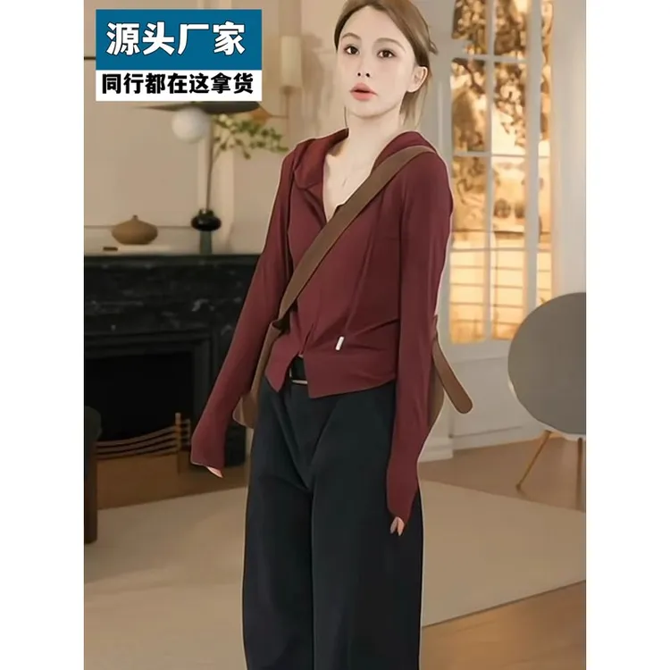 梵乐芬纯棉连帽修身收腰长袖t恤女开衫早秋正肩爆款拉链内搭打底