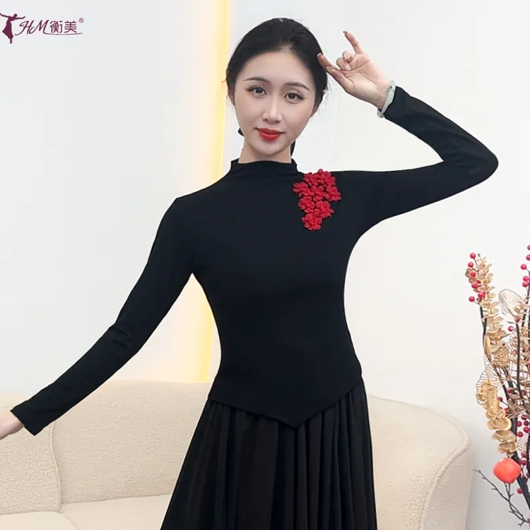现代舞练功服新款秋冬修身半高圆领成人女上衣古典舞训练表演服装