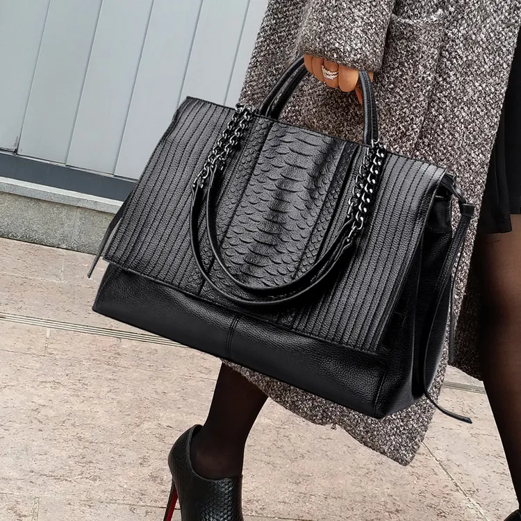 CCAMO真牛皮女包大包大容量包包高级感百搭真皮通勤包黑色单肩包