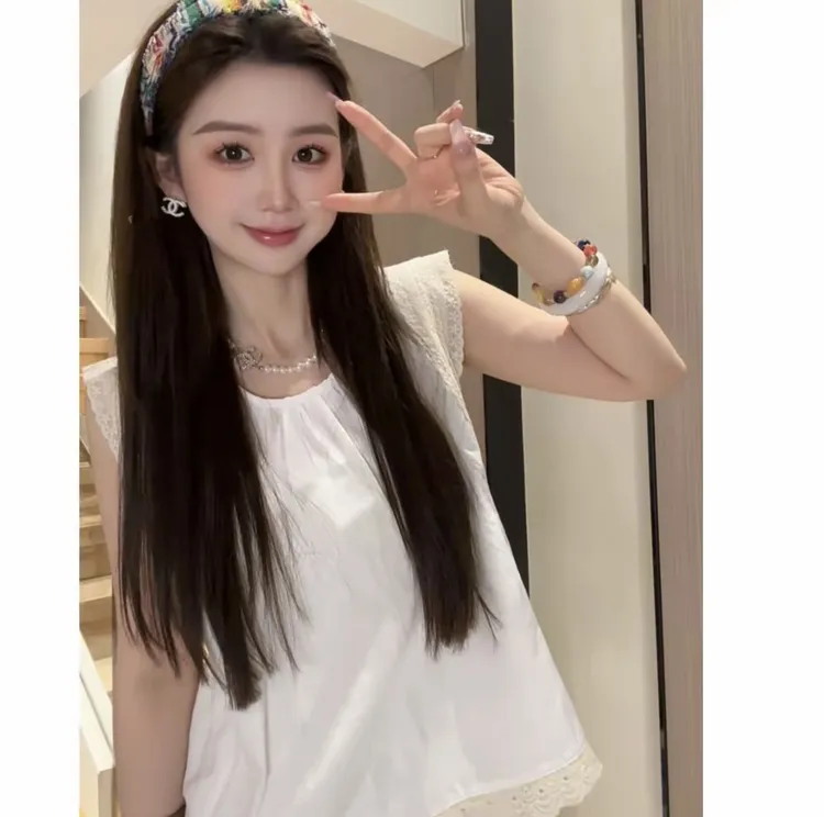 竹节棉蕾丝花边拼接无袖衬衫女夏季设计感娃娃衫气质甜美小衫上衣