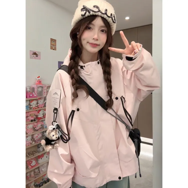 粉色机能风早秋原创新款软壳冲锋衣外套女韩系设计感百搭夹克上衣
