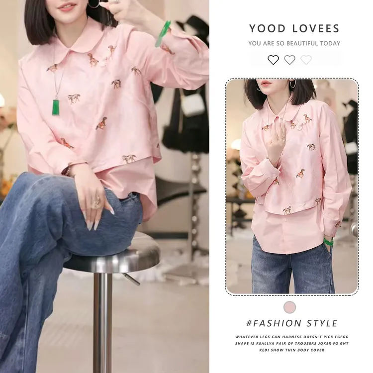 2025冬季新款假两件休闲衬衫女设计感小马气质国风盘扣衬衫上衣潮