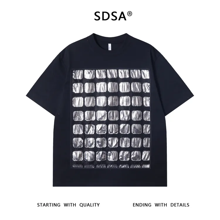 夏季高级感新款男士美式拼接网格短袖T恤小众设计百搭圆领上衣