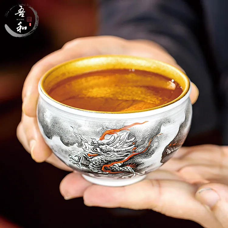 吾和漆器茶具蔡志强老师手绘墨龙24K金菩提叶建盏 茶杯礼盒伴手礼