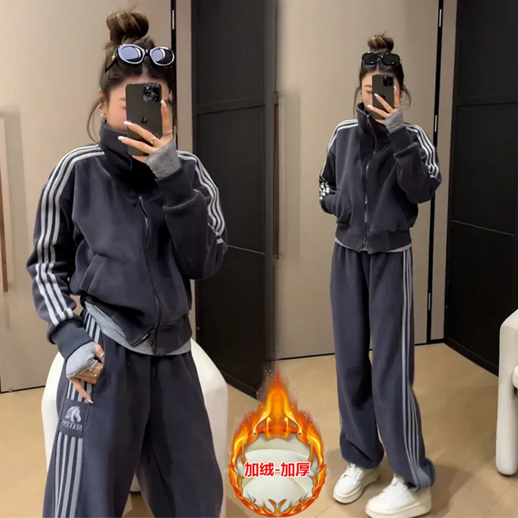 时髦减龄休闲运动套装女春秋冬时尚洋气灰色宽松气质高级感两件套