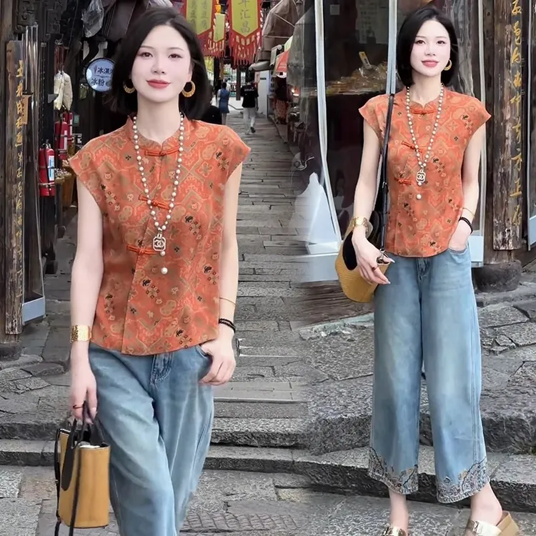 新中式国风套装女夏季新款洋气显瘦盘扣短袖上衣牛仔阔腿裤两件套