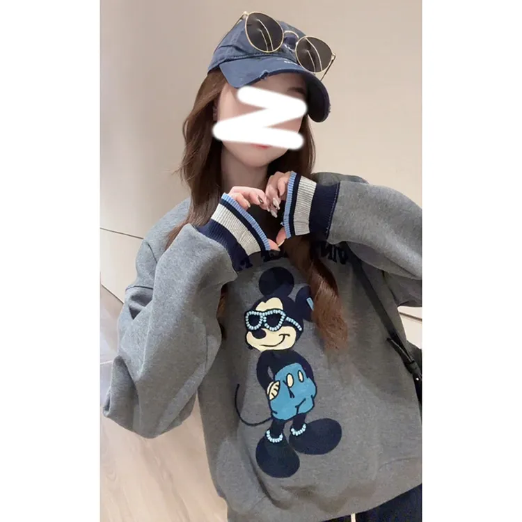 卡通米奇印花卫衣女2025新款春秋韩系减龄小个子宽松休闲圆领上衣