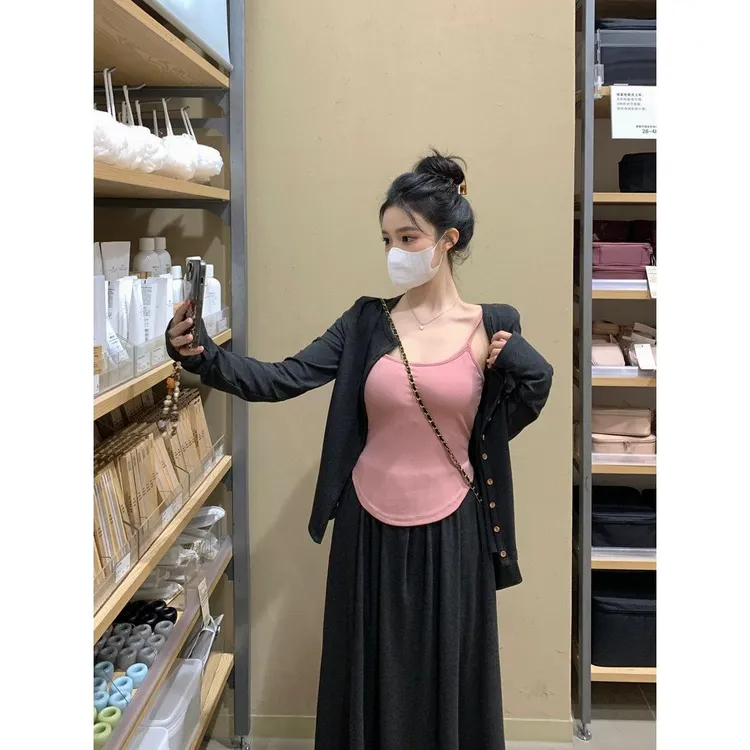 韩系新款针织开衫外套+吊带背心+百搭半身裙女