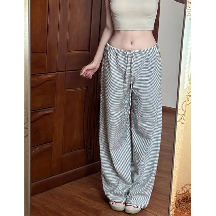 美式高街辣妹黑白条纹休闲裤子女夏季2025新款宽松直筒拖地阔腿裤