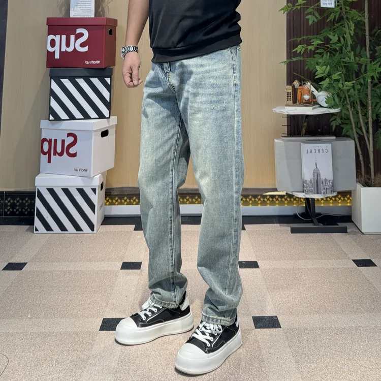 【微椎】秋冬简约通勤复古浅蓝色牛仔裤男生潮流款百搭哈伦宽松裤子