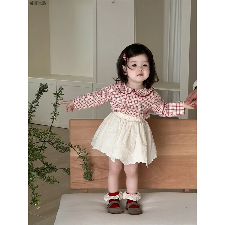 女宝宝春款衣服2025新款韩版童装女童格子娃娃衫短裙套装儿童春装