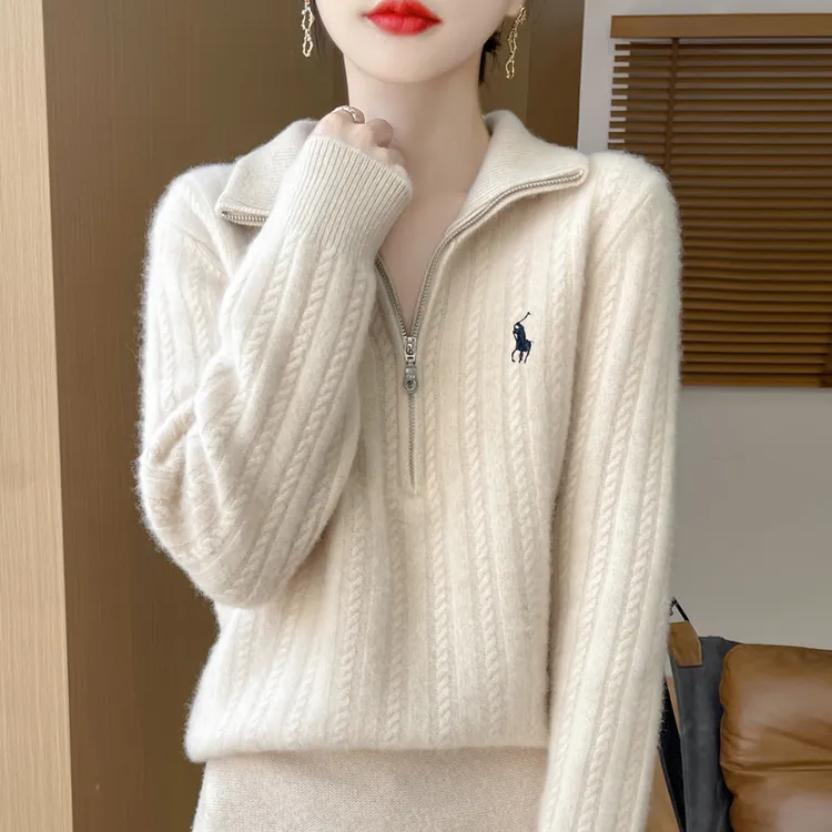 100%纯羊毛衫半拉链半高领时尚减龄厚款气质针织衫女njr946