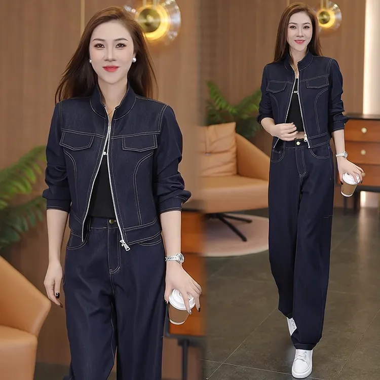 时尚休闲牛仔套装女2025秋季新款洋气显瘦立领短外套阔腿裤两件套