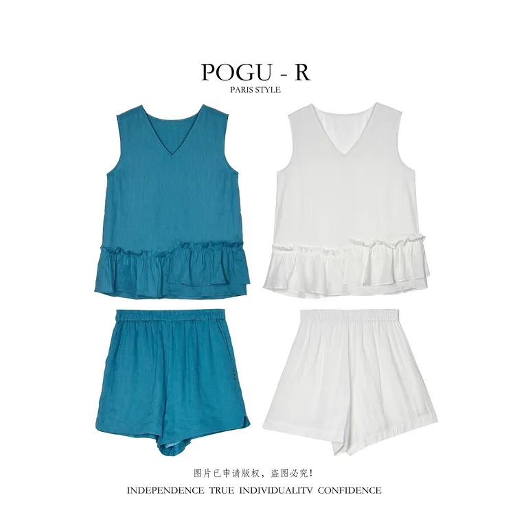 POGU-R 新品经典原创设计亚麻套装宽松老钱风短袖短裤TZ-543
