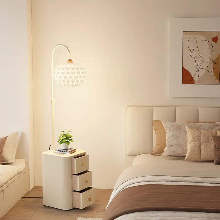 落地灯实木床头柜一体中古风卧室高级感客厅沙发旁边氛围边几台灯