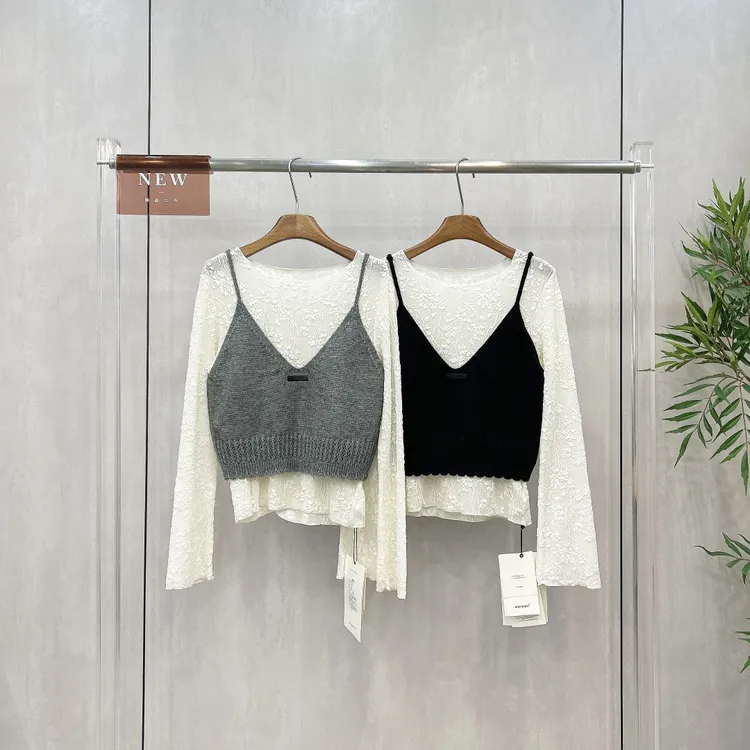 欧洲站时尚立体浮雕蕾丝打底衫针织吊带两件套甜美优雅上衣16806