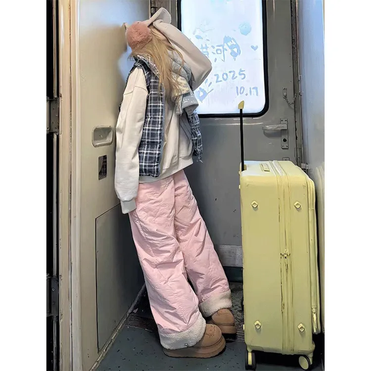 羊羔绒外穿羽绒棉裤女款冬季加绒加厚阔腿裤子东北防寒保暖滑雪裤