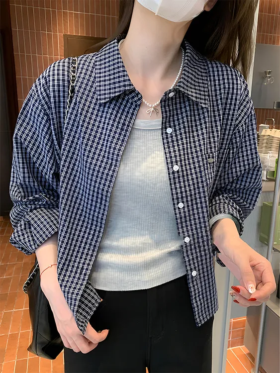 港风小个子短款格子衬衫女2025早秋新款韩版宽松休闲百搭上衣外搭